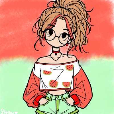 girl with a messy ponytail glasses a baggy crop top and jean shorts