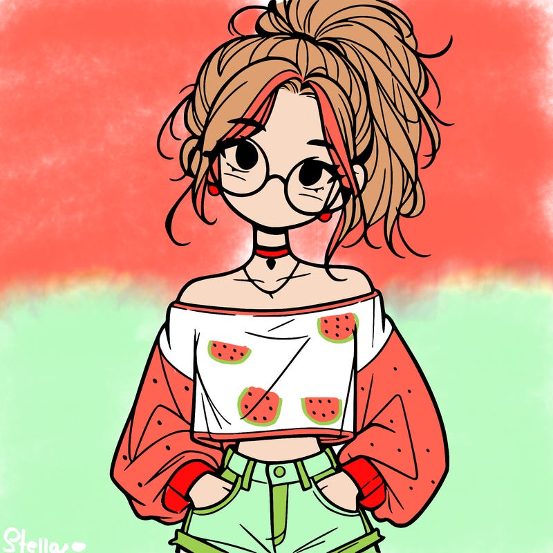 girl with a messy ponytail glasses a baggy crop top and jean shorts