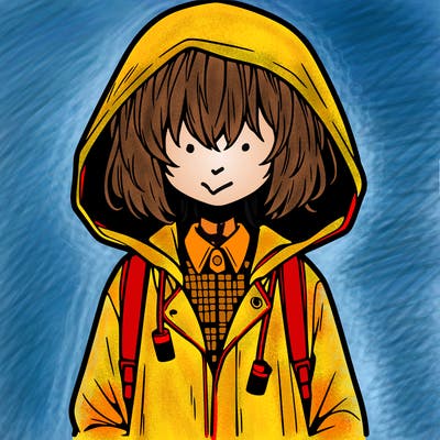 little anime girl in a raincoat her hair is covering her eyes she has a lighter