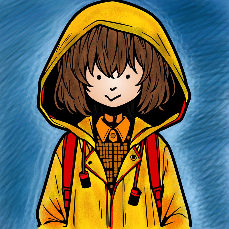 little anime girl in a raincoat her hair is covering her eyes she has a lighter