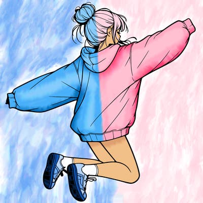 realistic girl jumping with a bun and oversized sweatshirt