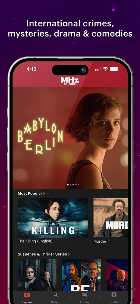 Interface de l'application MHz Choice présentant des séries policières et de mystère internationales
