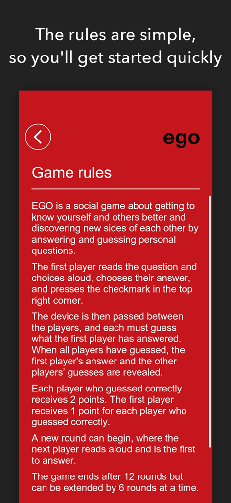 EGO - The Party Game - L'écran des règles du jeu EGO montrant des instructions simples pour jouer et marquer dans un cadre social