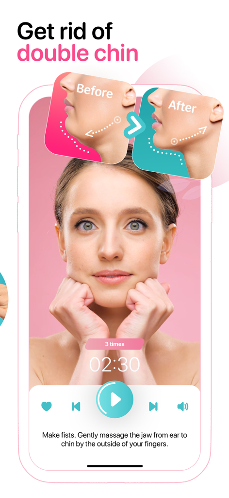 Facegym - Face Fitness Yoga - A face yoga tutorial showing a jaw massage for double chin reduction with before and after results