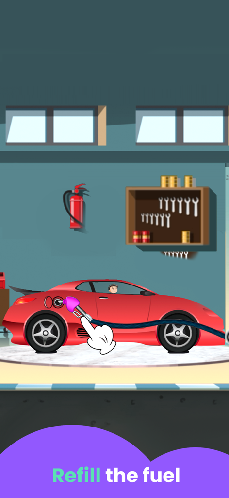 A red sports car being refilled with fuel in a garage in the Car Wash Games for Kids app