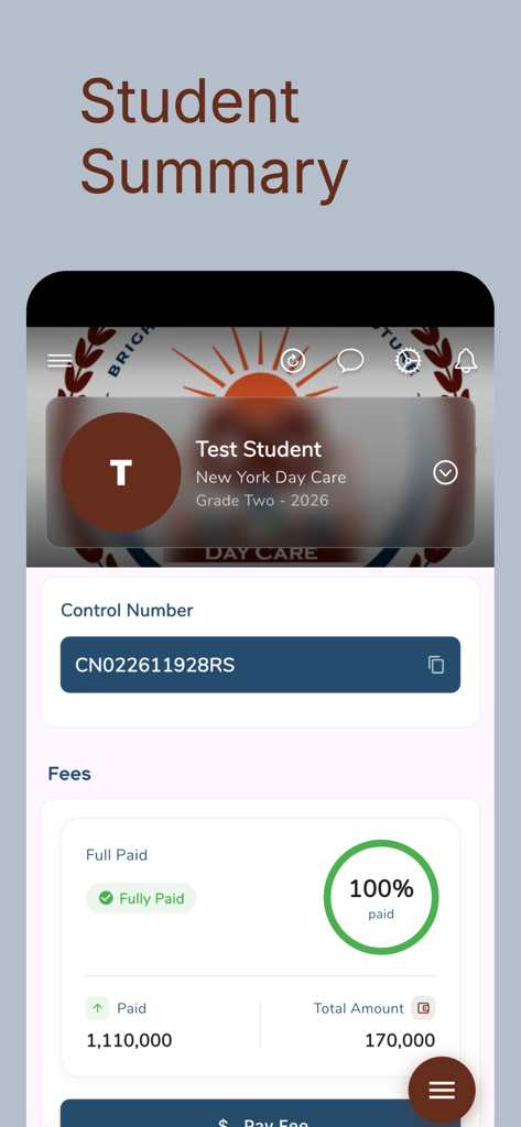 New York Schools - Student summary screen in the New York Schools app showing school fee payment status and student details