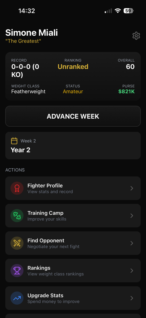 Boxing Career Simulator - Painel principal do lutador no Simulador de Carreira de Boxe mostrando estatísticas como recorde, ranking e opções de gerenciamento de carreira