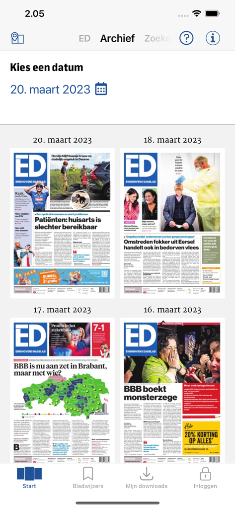 ED - Digitale krant - Archive view of the ED Digitale krant app showing digital editions of the Eindhovens Dagblad newspaper organized by date.