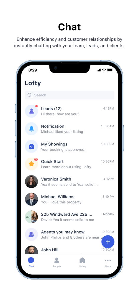 Lofty Real Estate Platform - The chat interface of the Lofty app showing active conversations with leads, property notifications, and team members for real estate professionals.