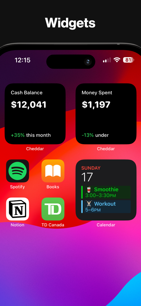 Cheddar budget app home screen widgets showing cash balance and money spent on an iPhone