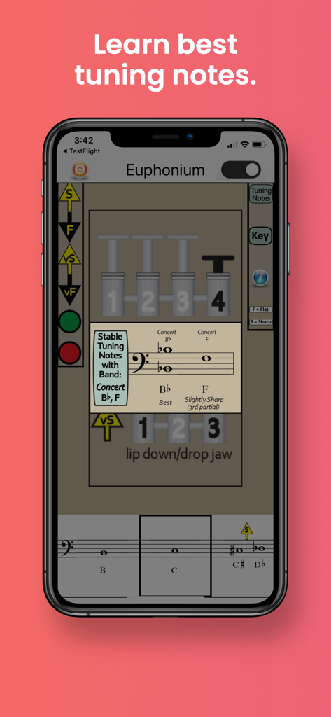 音楽スタッフとバルブ運指ダイアグラムを備えた安定したチューニングノートを表示するユーフォニアムアプリのスクリーンショット