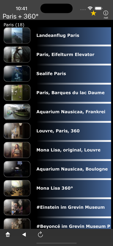 Mobile app interface showing a list of Paris landmarks like the Louvre and Eiffel Tower for 360 degree tours