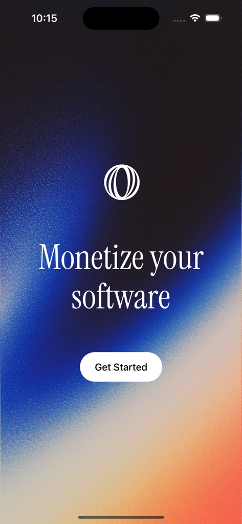 Polar app welcome screen displaying the text Monetize your software and a Get Started button