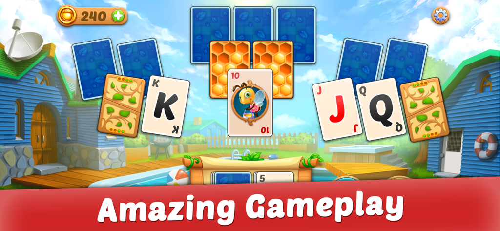 Solitaire: Forest Rescue - A screenshot of Solitaire Forest Rescue gameplay showing cards over a colorful backyard scene with a pool