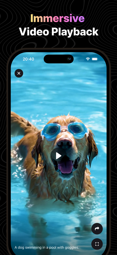 VidLoop: AI Video Generator - Immersive 9:16 vertikale Videowiedergabe eines KI-generierten Hundes, der mit Schwimmbrille in einem Pool schwimmt