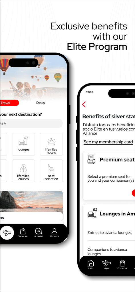 LifeMiles app interface displaying exclusive elite program benefits and silver status perks.