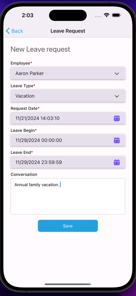 StaffReady mobile interface for submitting a new leave request.