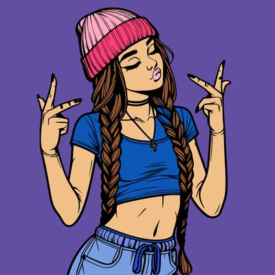 realistic teenage girl with braids and a beanie and crop top doing 🫶🏼