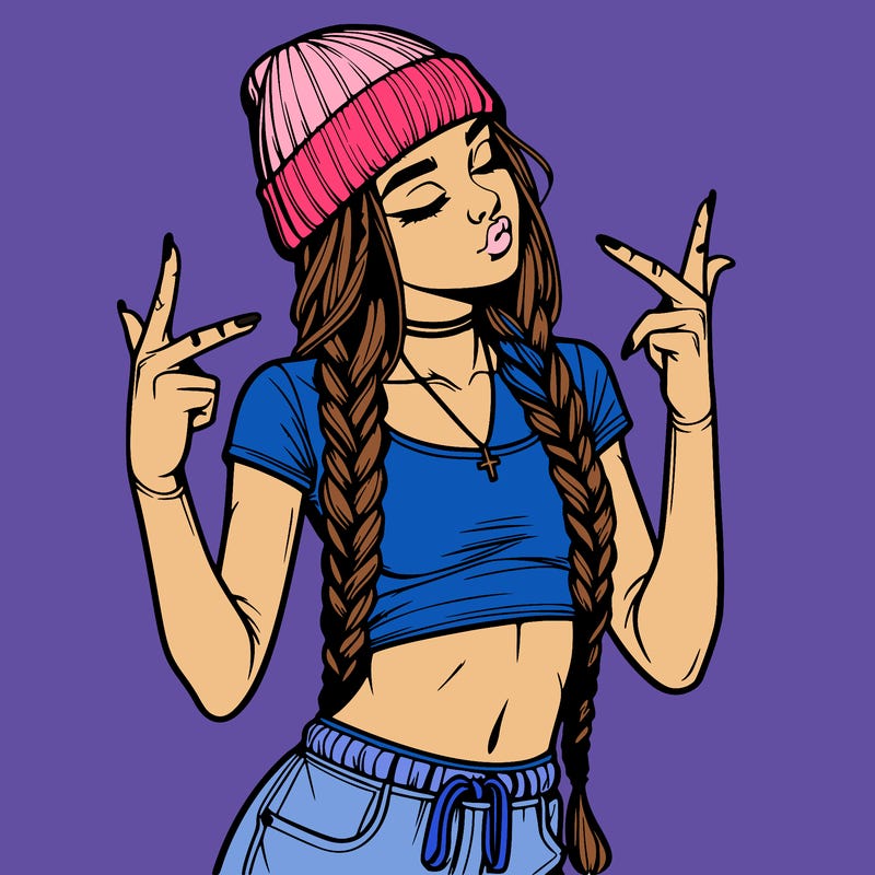 realistic teenage girl with braids and a beanie and crop top doing 🫶🏼