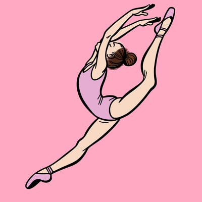 gymnast doing a leap in a leotard with a bent back leg