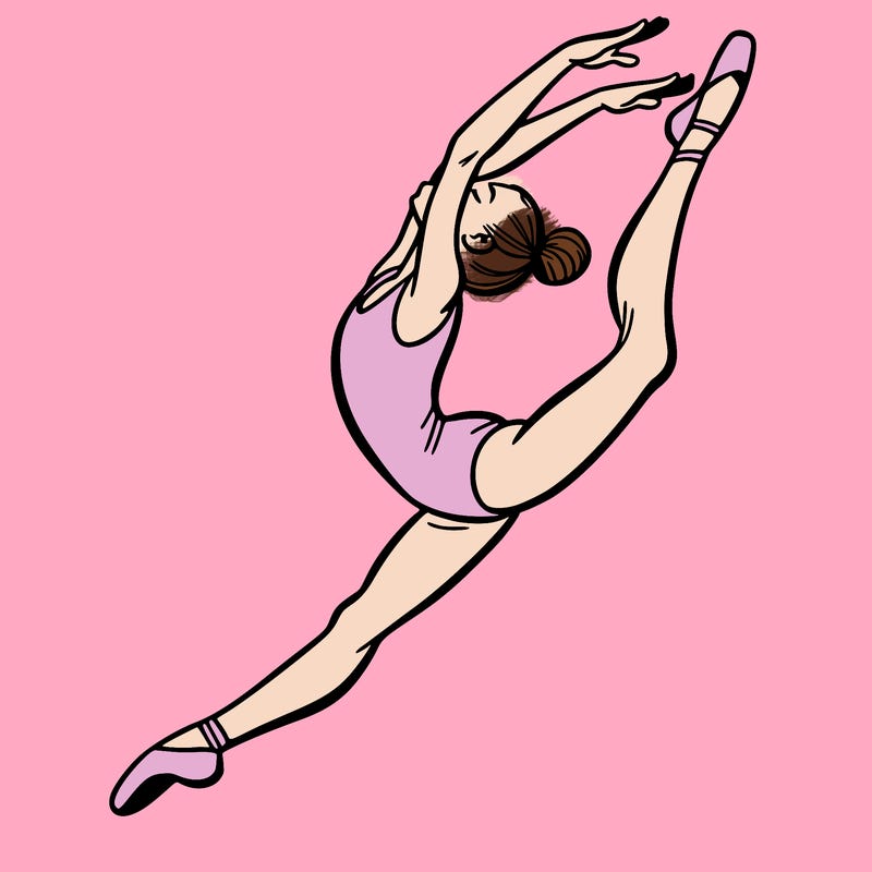 gymnast doing a leap in a leotard with a bent back leg