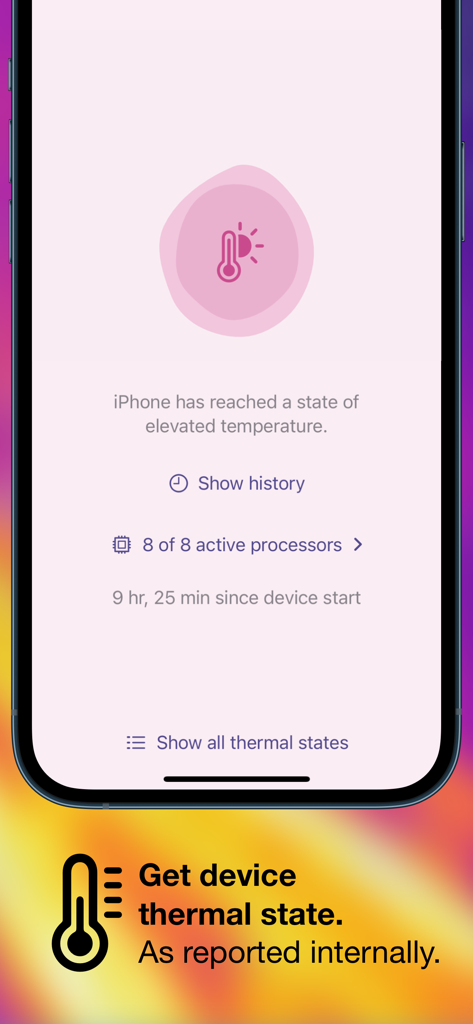 Thermals - Interfaz de la aplicación Thermals que muestra el estado de temperatura elevada del iPhone y el número de procesadores activos