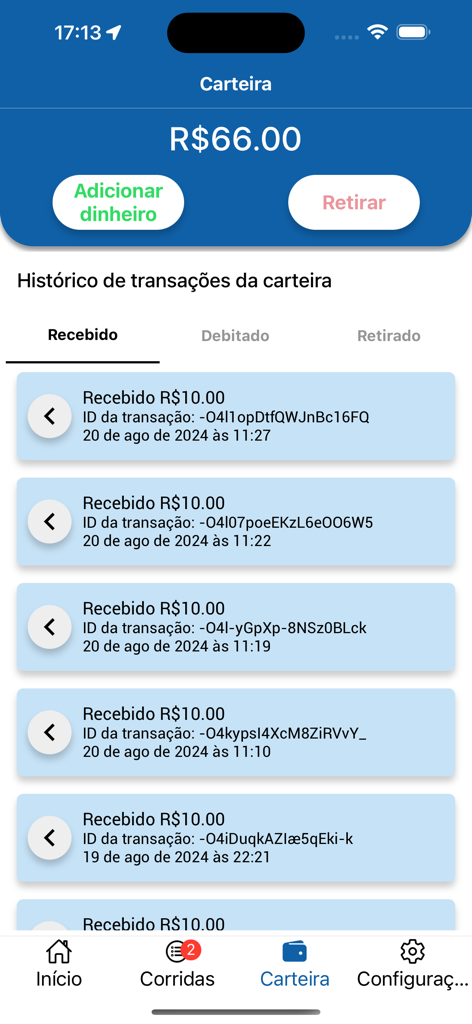 Tap Tap Driver - Captura de tela da tela da carteira digital do aplicativo Tap Tap Driver mostrando um saldo de R$66,00 e um histórico de transações.