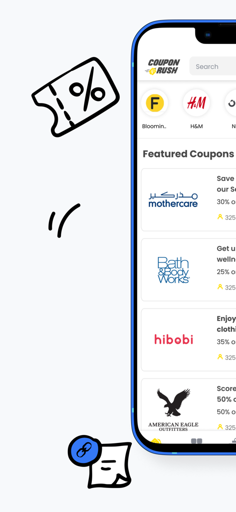 Interface de l'application mobile Coupon Rush montrant des coupons de réduction en vedette pour des marques comme Mothercare, Bath and Body Works, Hibobi et American Eagle.