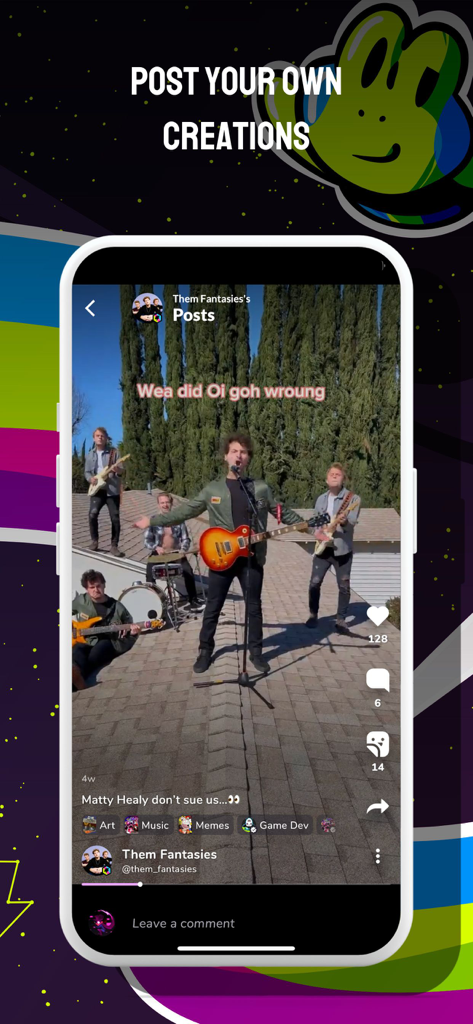 Game Jolt Social - Game Jolt Social app screen showing a video post of a band performing music with a header that says Post Your Own Creations.