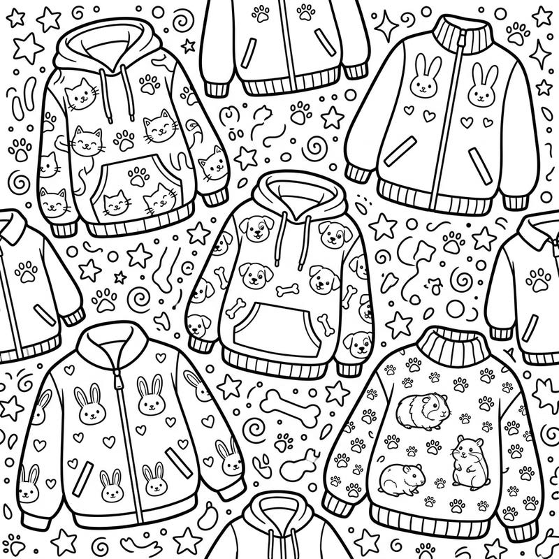 Explore a delightful collection of pet-themed jackets, hoodies, and sweaters, all ready for your creative touch. This charming coloring page features playful designs with cats, dogs, bunnies, and small animals, perfect for fashion and pet lovers alike.