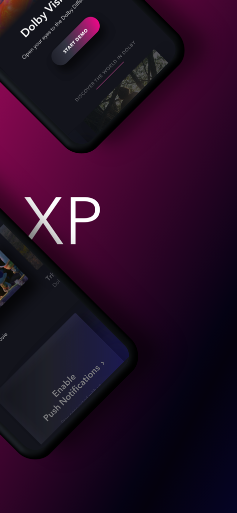 Dolby XP - Pantallas de interfaz de la aplicación Dolby XP que muestran un botón de inicio de demostración de Dolby Vision y una notificación.