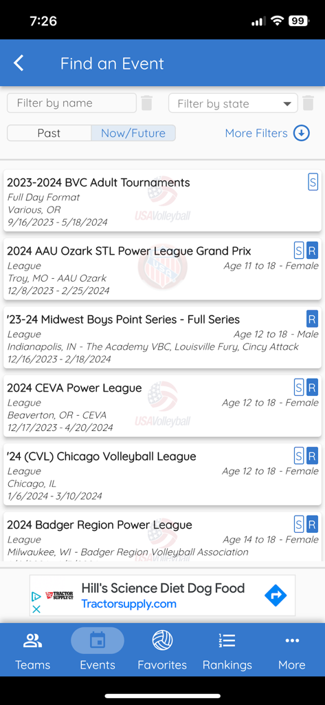 Volleyball Hub - Volleyball Hub app interface showing a list of searchable volleyball tournaments and leagues