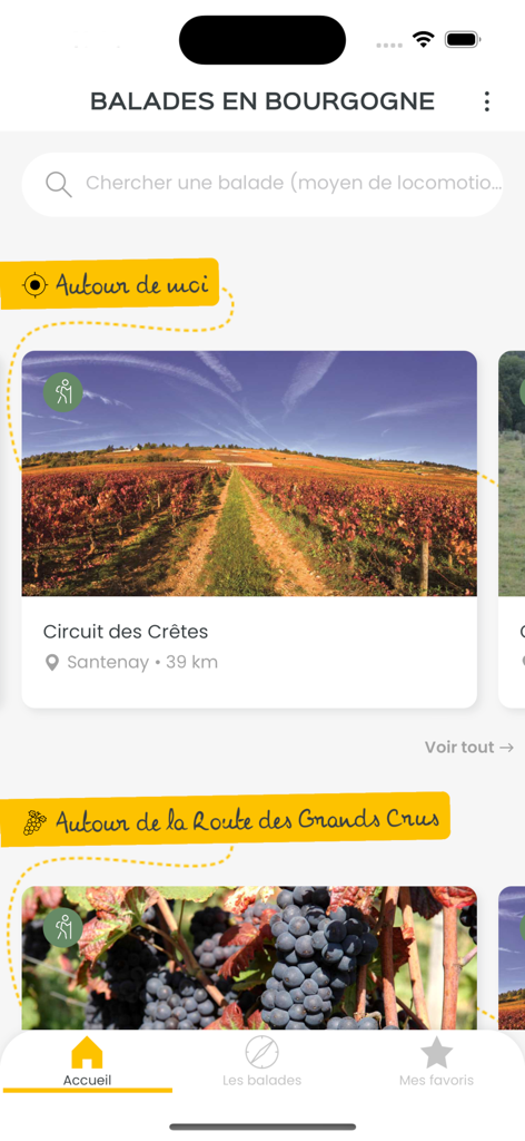 Balades en Bourgogne - Pantalla de inicio de la aplicación Balades en Bourgogne mostrando rutas de senderismo por viñedos y caminos de vino en Borgoña