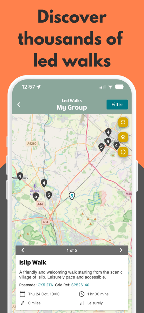 Ramblers - Interface de l'application Ramblers montrant une carte des marches de groupe et des détails pour un itinéraire pittoresque à Islip