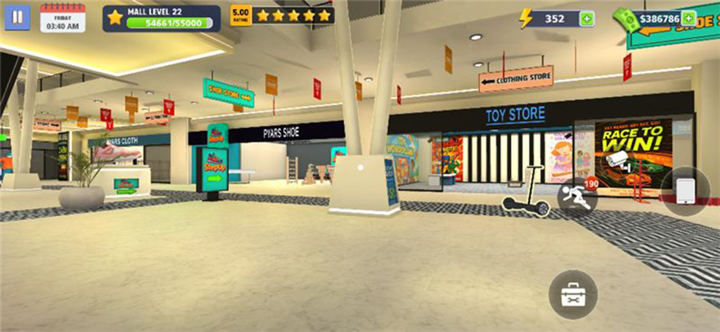Mall & Fast Food Simulator 3D - Interior view of a 3D shopping mall management game showing toy and shoe stores