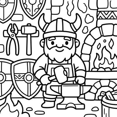Introduce your little one to the mighty world of Vikings with this charming blacksmith coloring page! Designed specifically for toddlers, it features large shapes and bold lines for easy coloring and motor skill development.