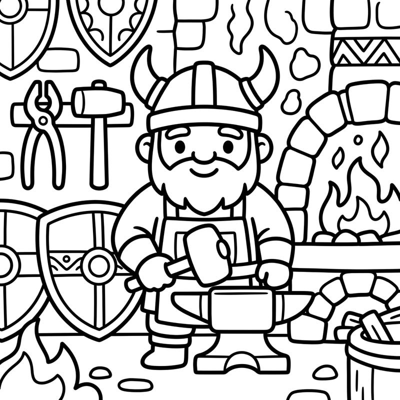 Introduce your little one to the mighty world of Vikings with this charming blacksmith coloring page! Designed specifically for toddlers, it features large shapes and bold lines for easy coloring and motor skill development.