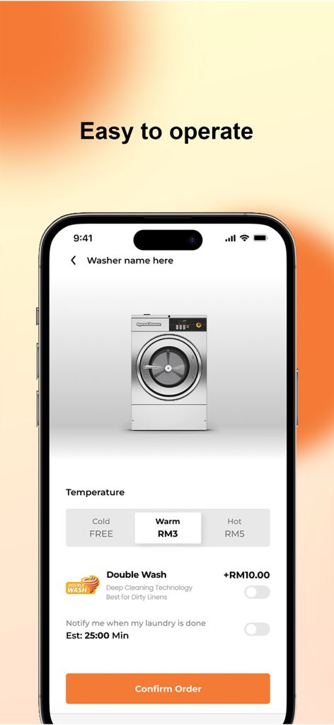 Dime Pay - Dime Pay app interface for selecting washing machine temperature and cycle options