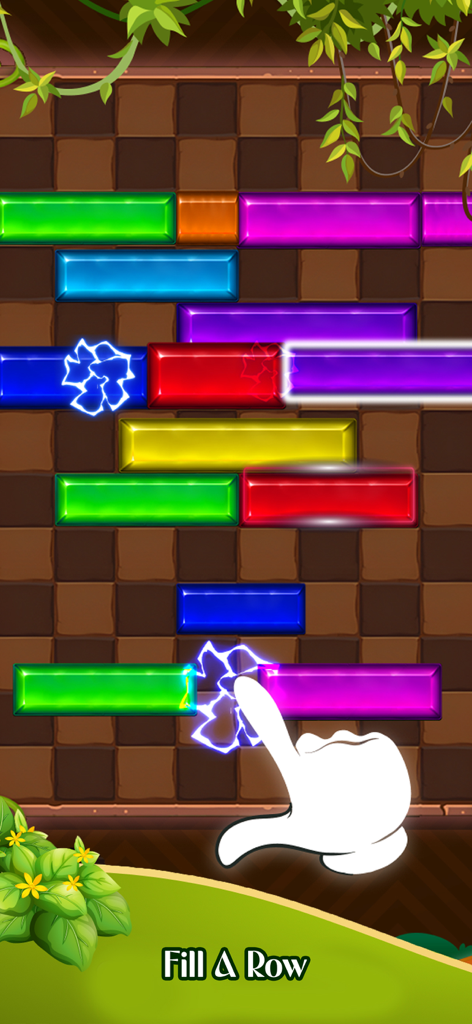 Block Slide - Block Puzzle - Gameplay screen of Block Slide Puzzle showing a hand moving colorful blocks to complete a row