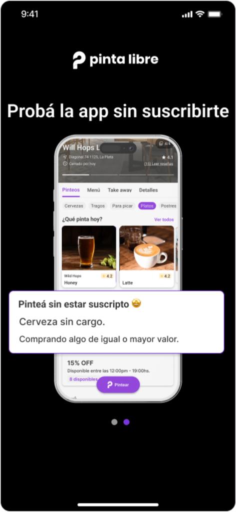 Tela do aplicativo Pinta Libre promovendo uma oferta de cerveja grátis para experimentar o serviço sem assinatura.