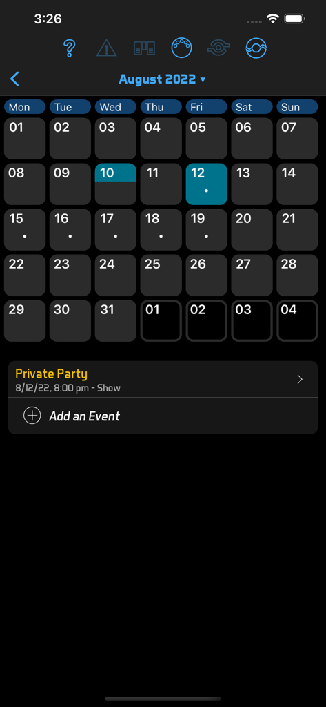 BandHelper - Mobile app calendar view in BandHelper showing a scheduled private party gig