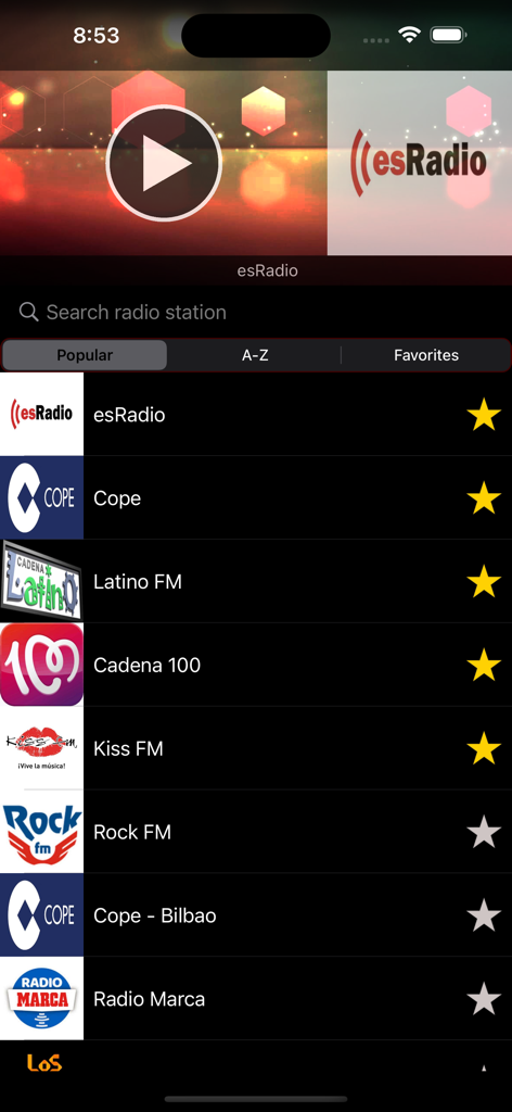 A list of popular Spanish radio stations on the Radio ES mobile app