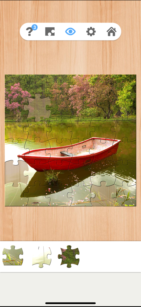 Wonderful Jigsaw - Puzzle Game - A partially completed digital jigsaw puzzle of a red boat on a calm lake with pink blossoming trees in the background