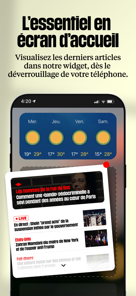 Uma tela de smartphone mostrando o widget de notícias do aplicativo Liberation com as últimas manchetes francesas.