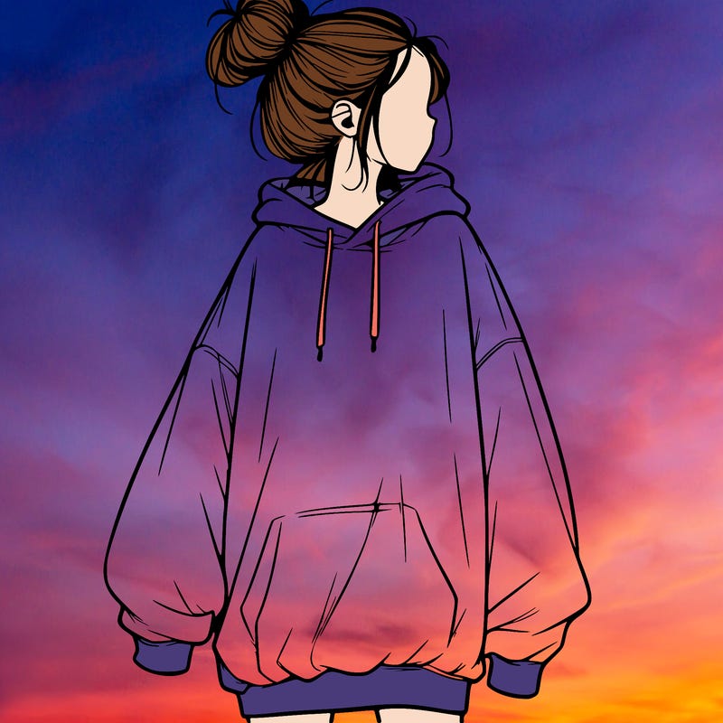 realistic girl with a oversized sweatshirt on and a bun