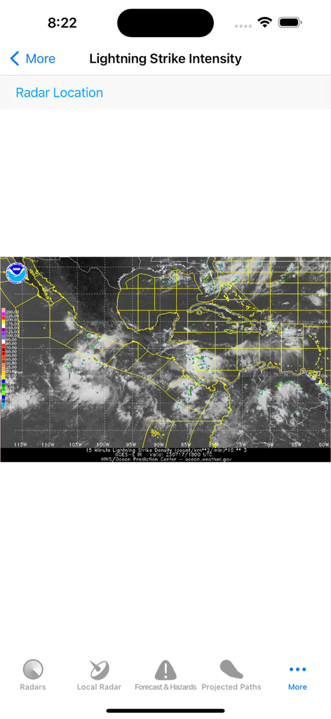 Lightning strike intensity map on Hurricane Track app