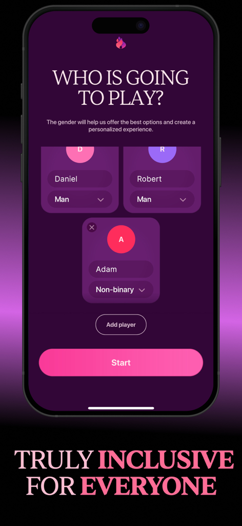 Fuego: Hot Spicy Couple Games - Ecrã da aplicação móvel para configuração de jogadores no Fuego, mostrando opções de género inclusivas para múltiplos jogadores.