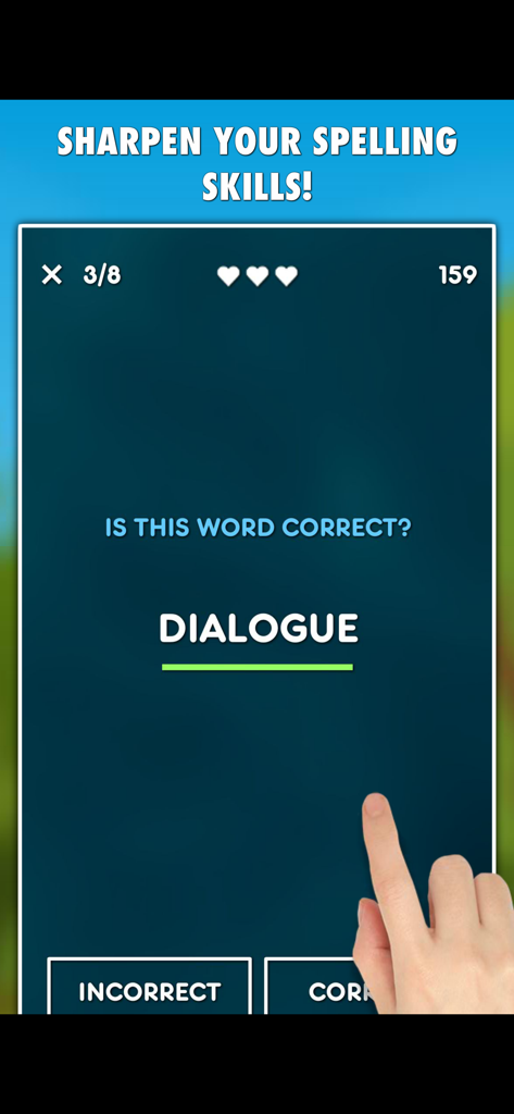 단어 DIALOGUE가 올바르게 철자되었는지 묻는 Spelling Right PRO의 게임 플레이 화면.