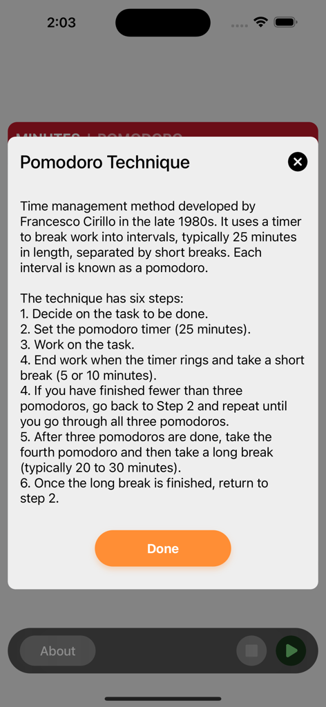 FlipClock: Always On Display - A popup window explaining the Pomodoro Technique steps and time management method in the FlipClock app