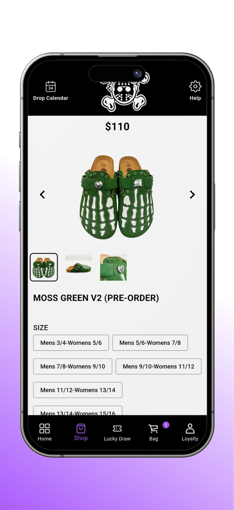 OM NEWYORK - Mobile app screen displaying a pair of green clogs with a skeleton design available for pre-order in the OM NEWYORK store